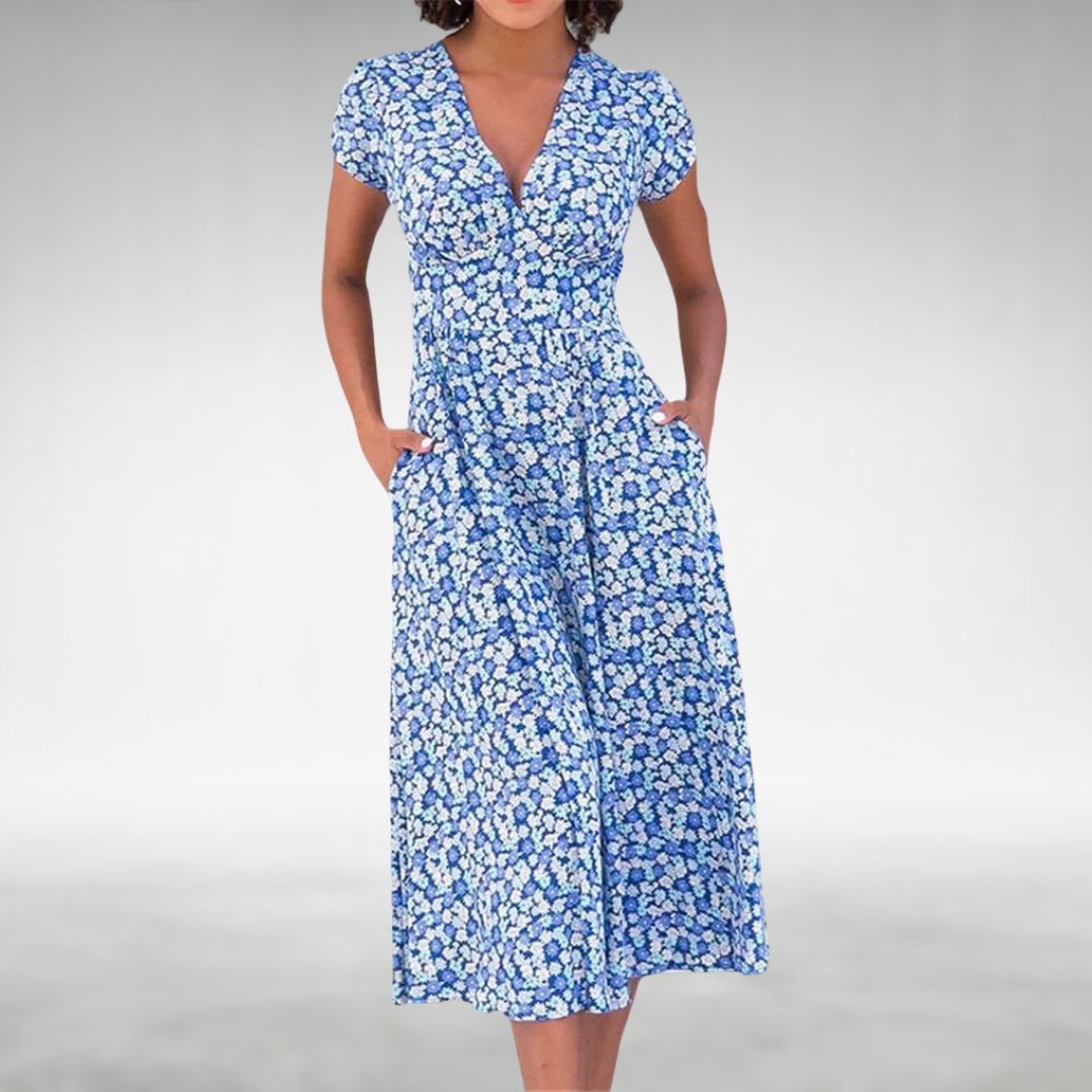 Summer floral midi dress with V-neckline