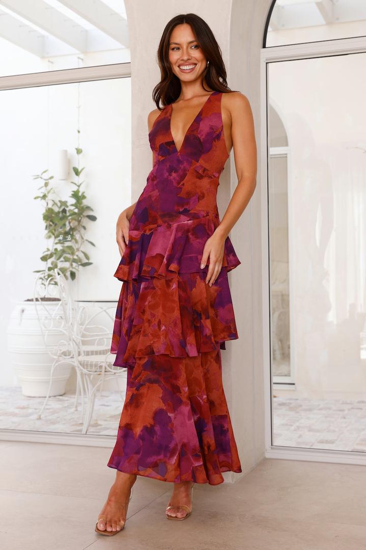 Maxi dress with V-neckline, layered ruffles, and floral print