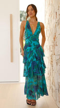 Maxi dress with V-neckline, layered ruffles, and floral print