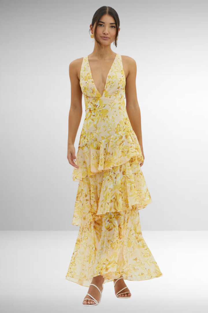 Maxi dress with V-neckline, layered ruffles, and floral print