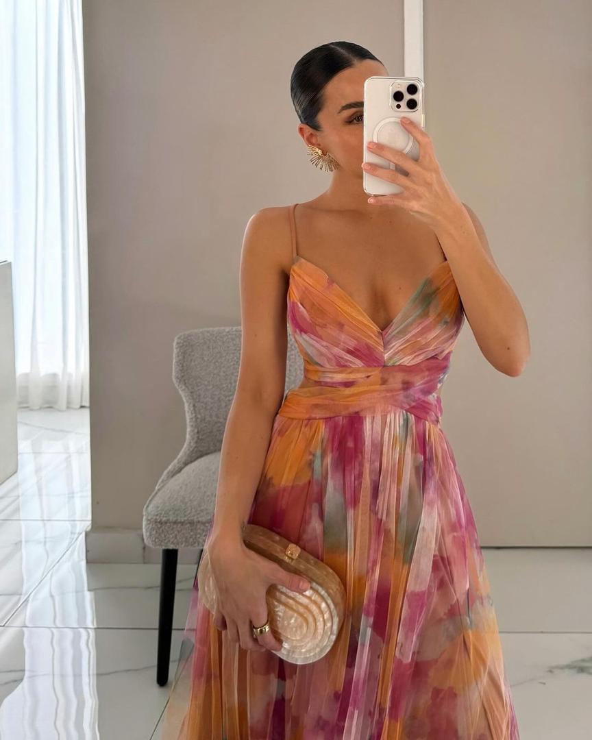 Pleated floral maxi dress with spaghetti straps and V-neckline