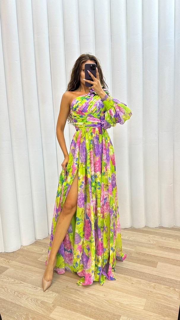 One-shoulder maxi dress with floral pattern and slit