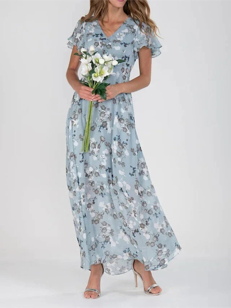 Maxi dress with floral print, V-neckline, and ruffled sleeves