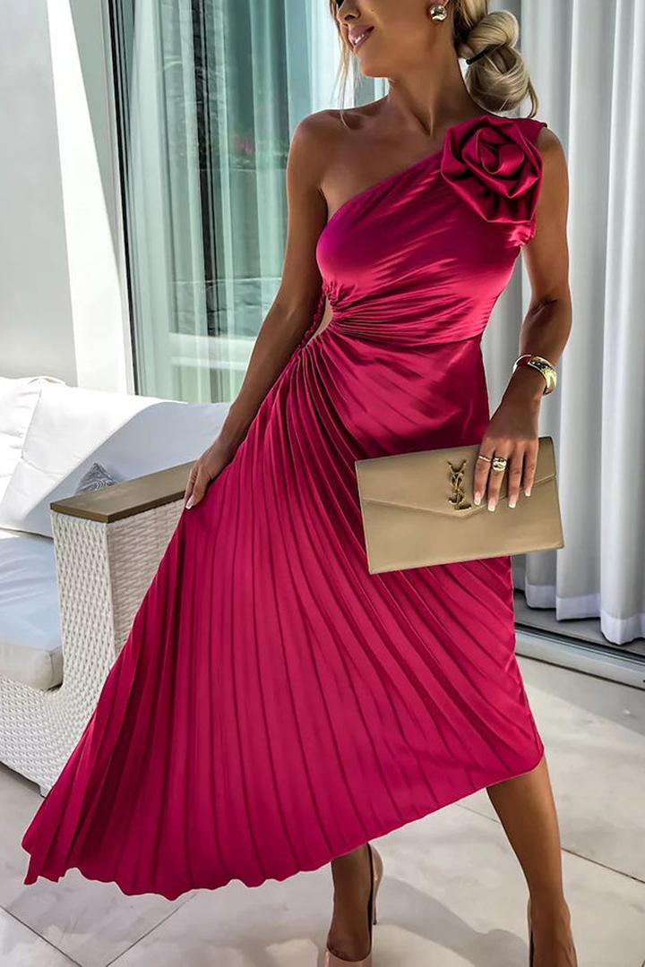 One-shoulder pleated midi dress