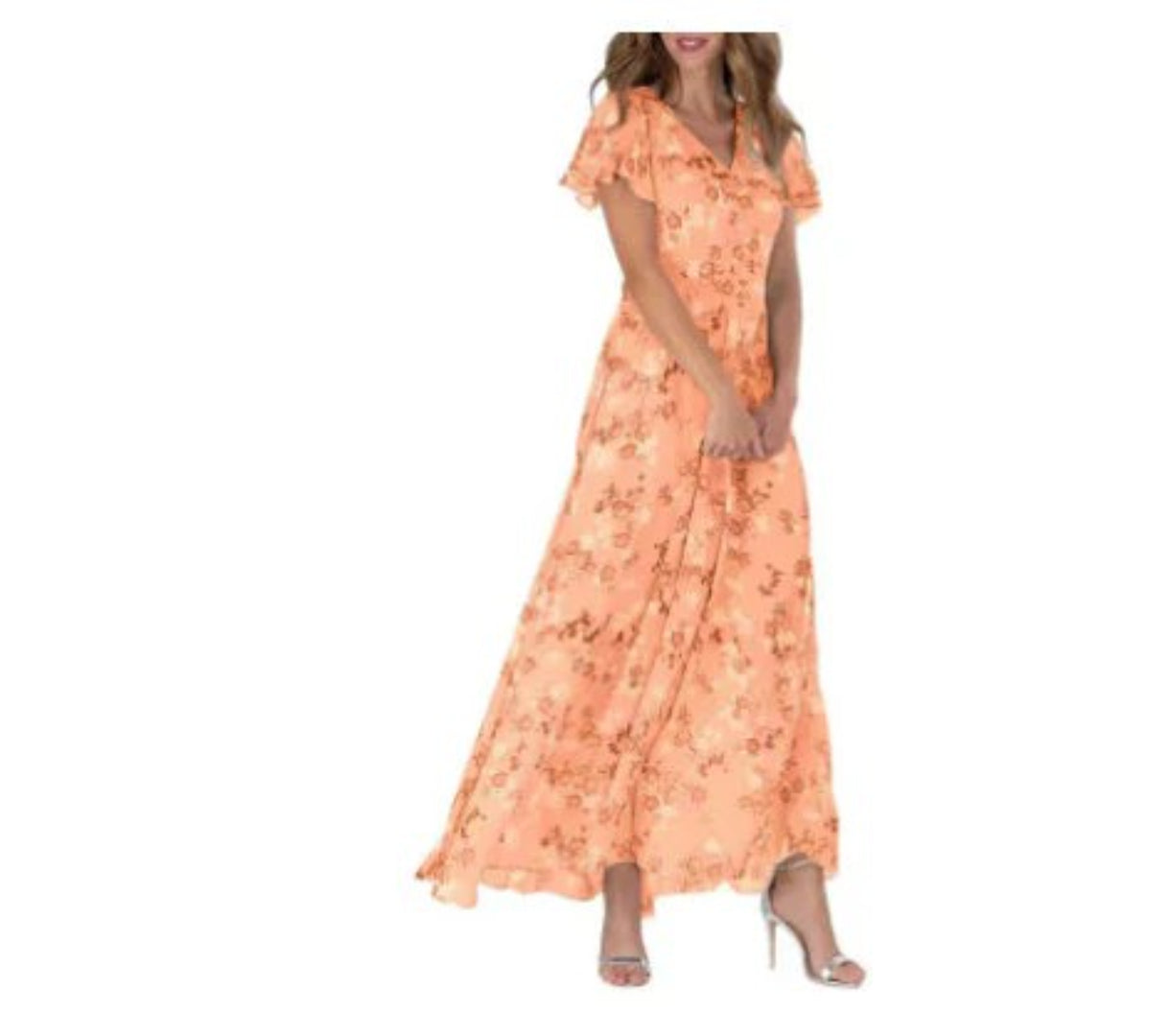 Maxi dress with floral print, V-neckline, and ruffled sleeves