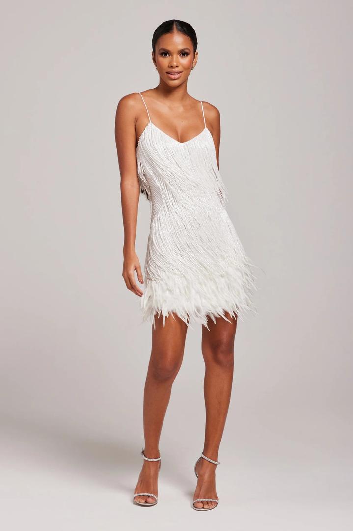 Sleeveless cocktail dress with fringes and feathers