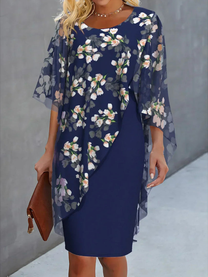 H-line dress with round neckline, floral print, and sheer layer