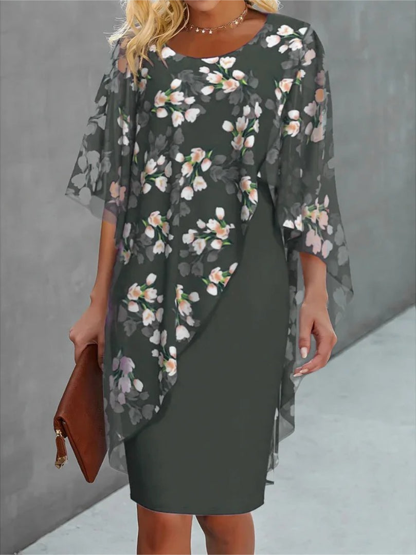 H-line dress with round neckline, floral print, and sheer layer