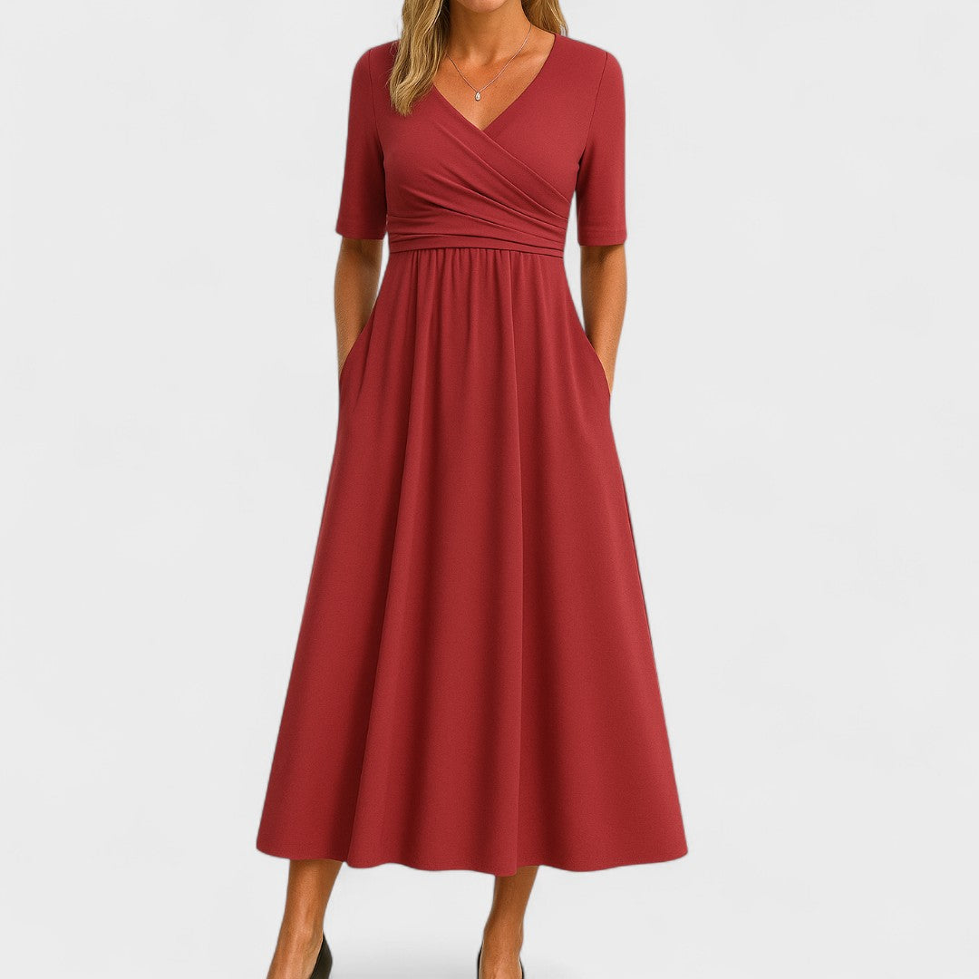 A-line midi dress with short sleeves and V-neckline