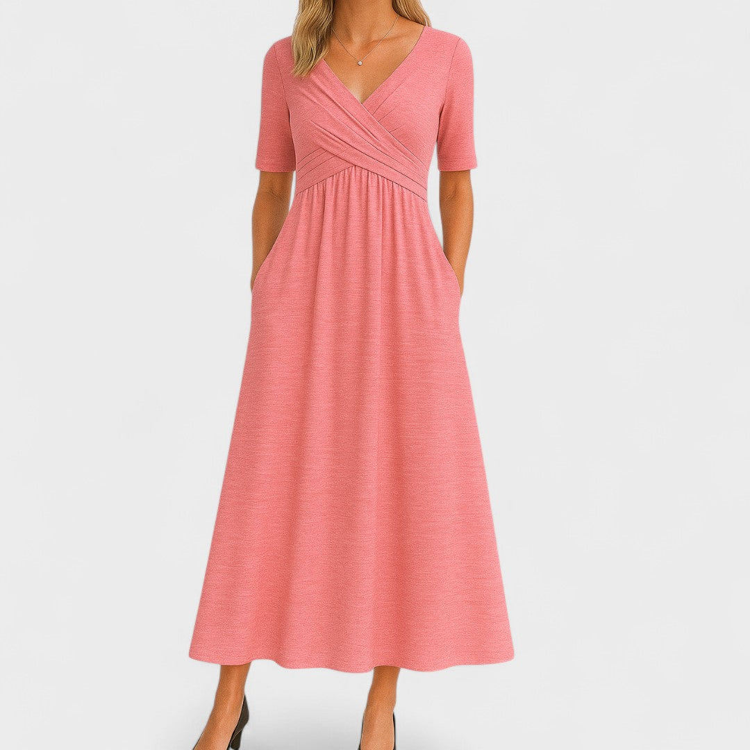 A-line midi dress with short sleeves and V-neckline