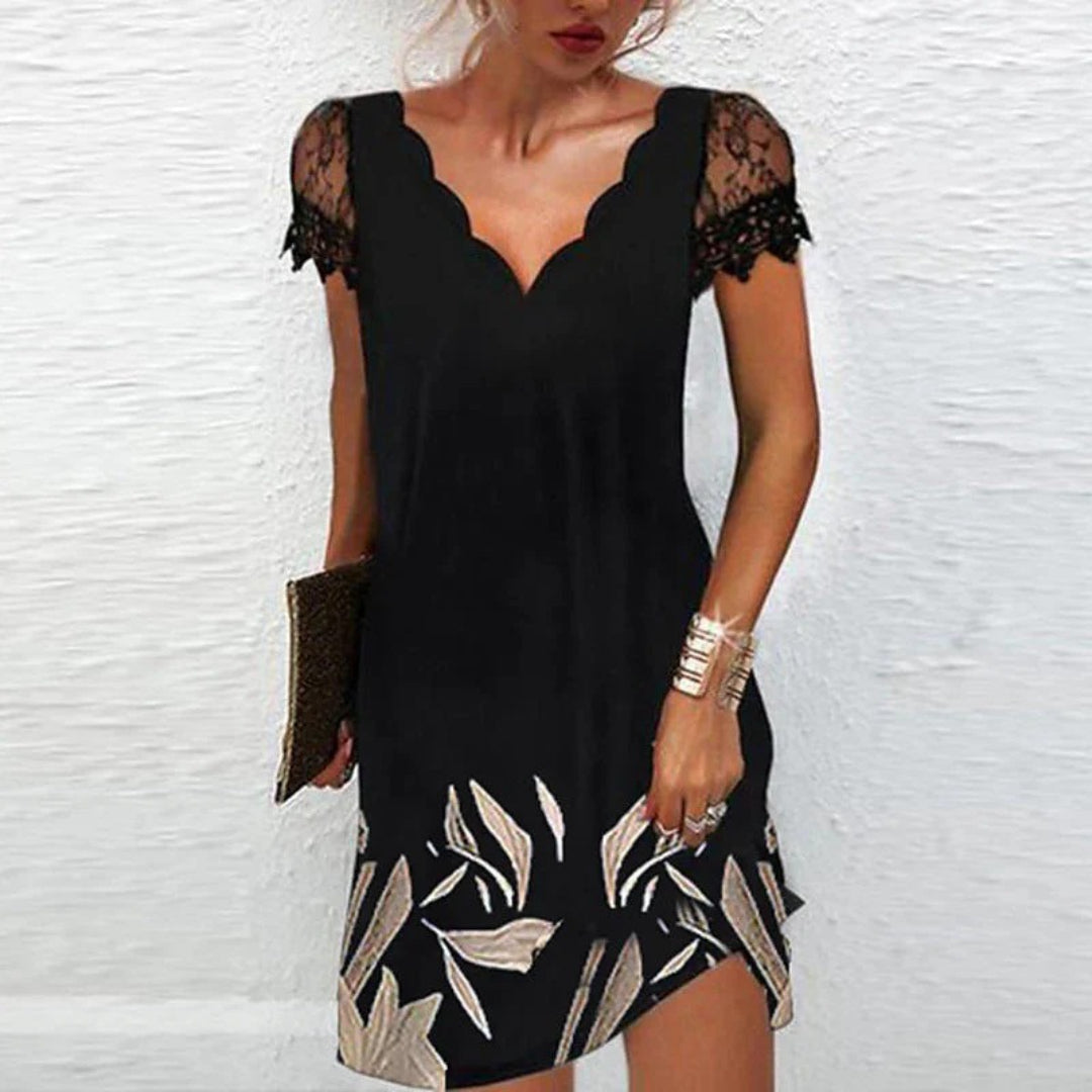 Midi dress with V-neck and short lace sleeves