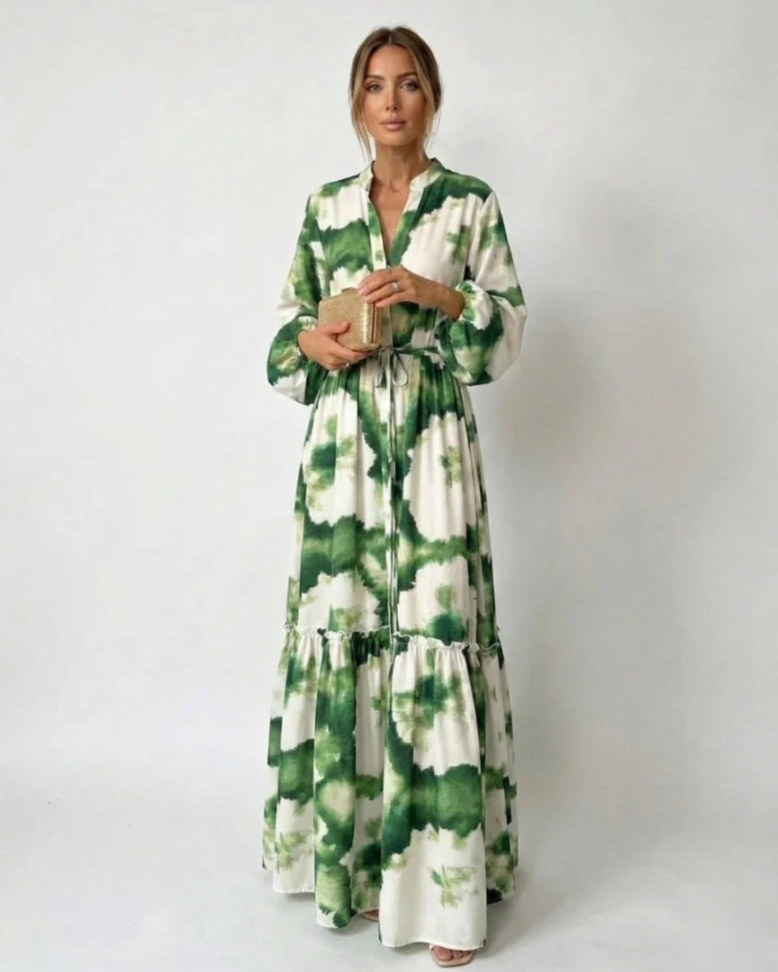 Layered maxi dress with long sleeves and waist tie