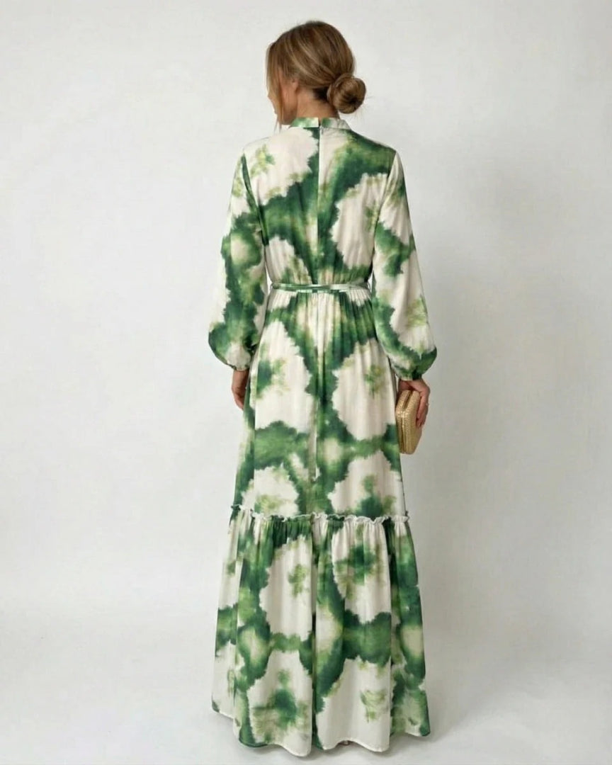 Layered maxi dress with long sleeves and waist tie