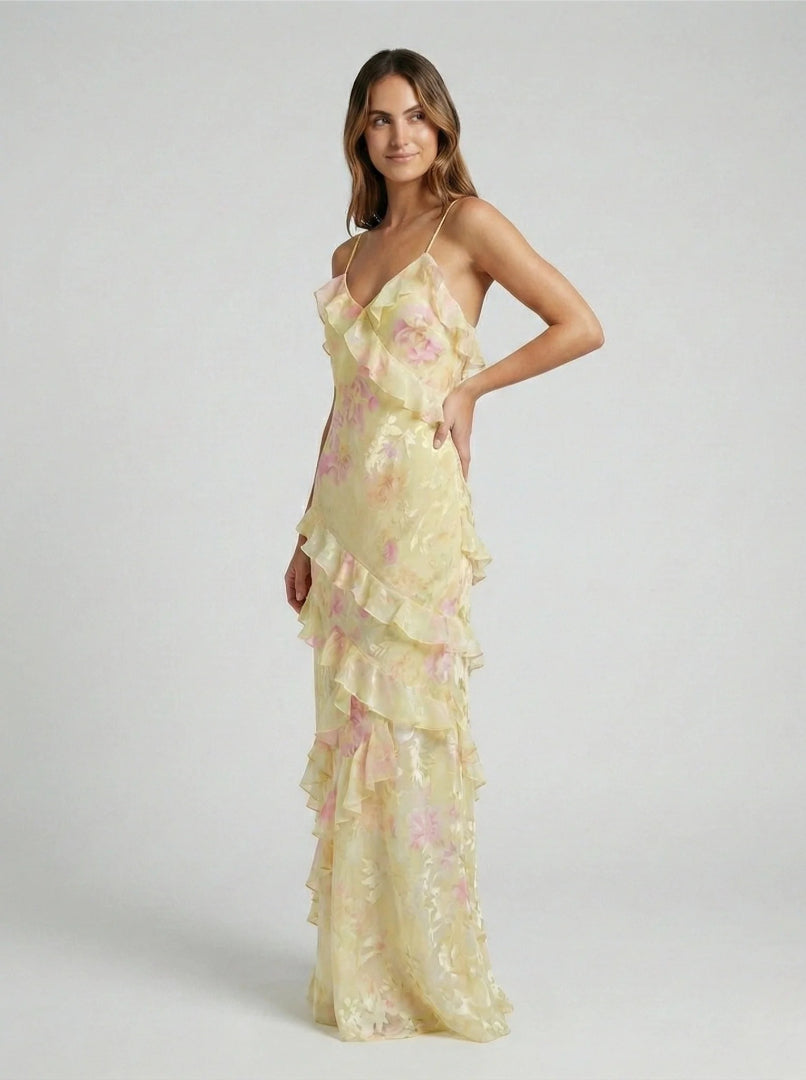 Floral maxi dress with ruffle and V-neck