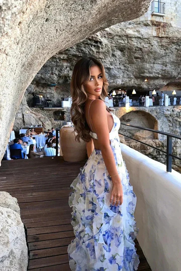 Floral maxi dress with straps and ruffle