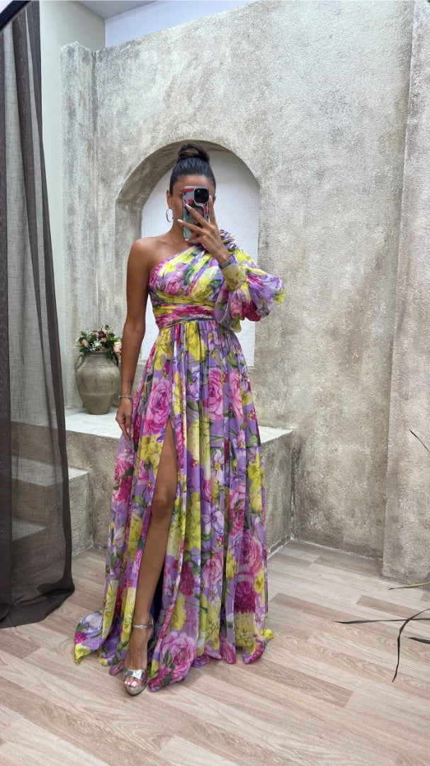 Floral one-shoulder maxi dress with high slit