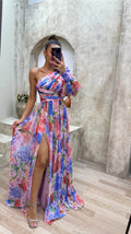 Floral one-shoulder maxi dress with high slit