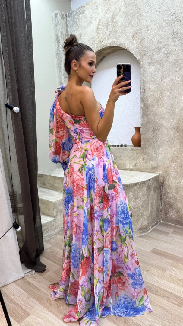 Floral one-shoulder maxi dress with high slit