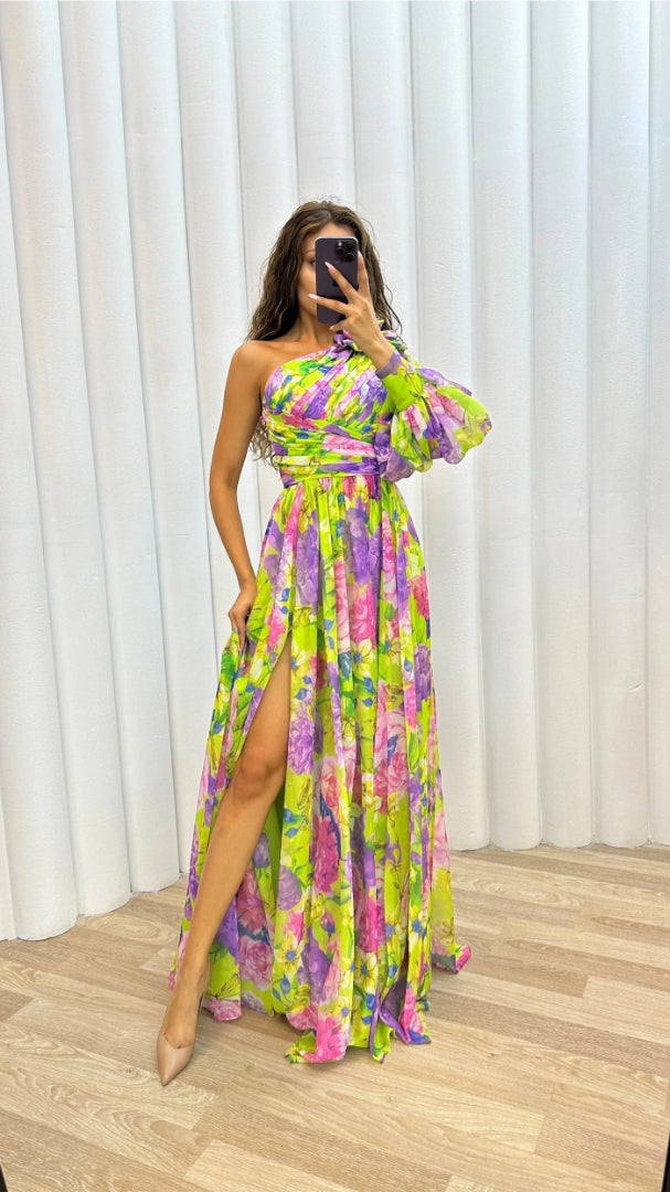 Floral one-shoulder maxi dress with high slit