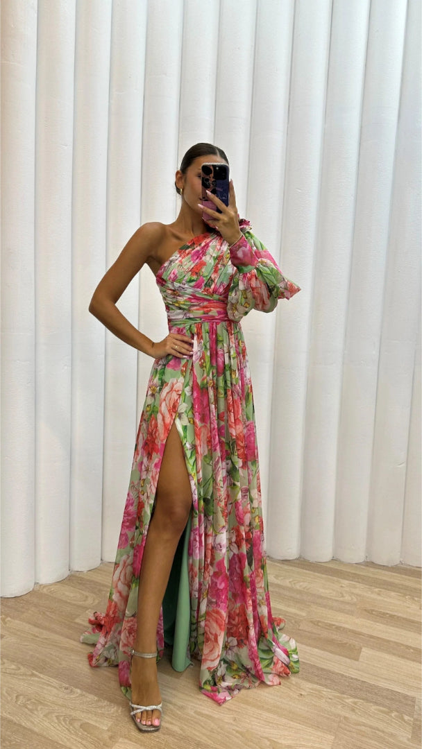 Floral one-shoulder maxi dress with high slit