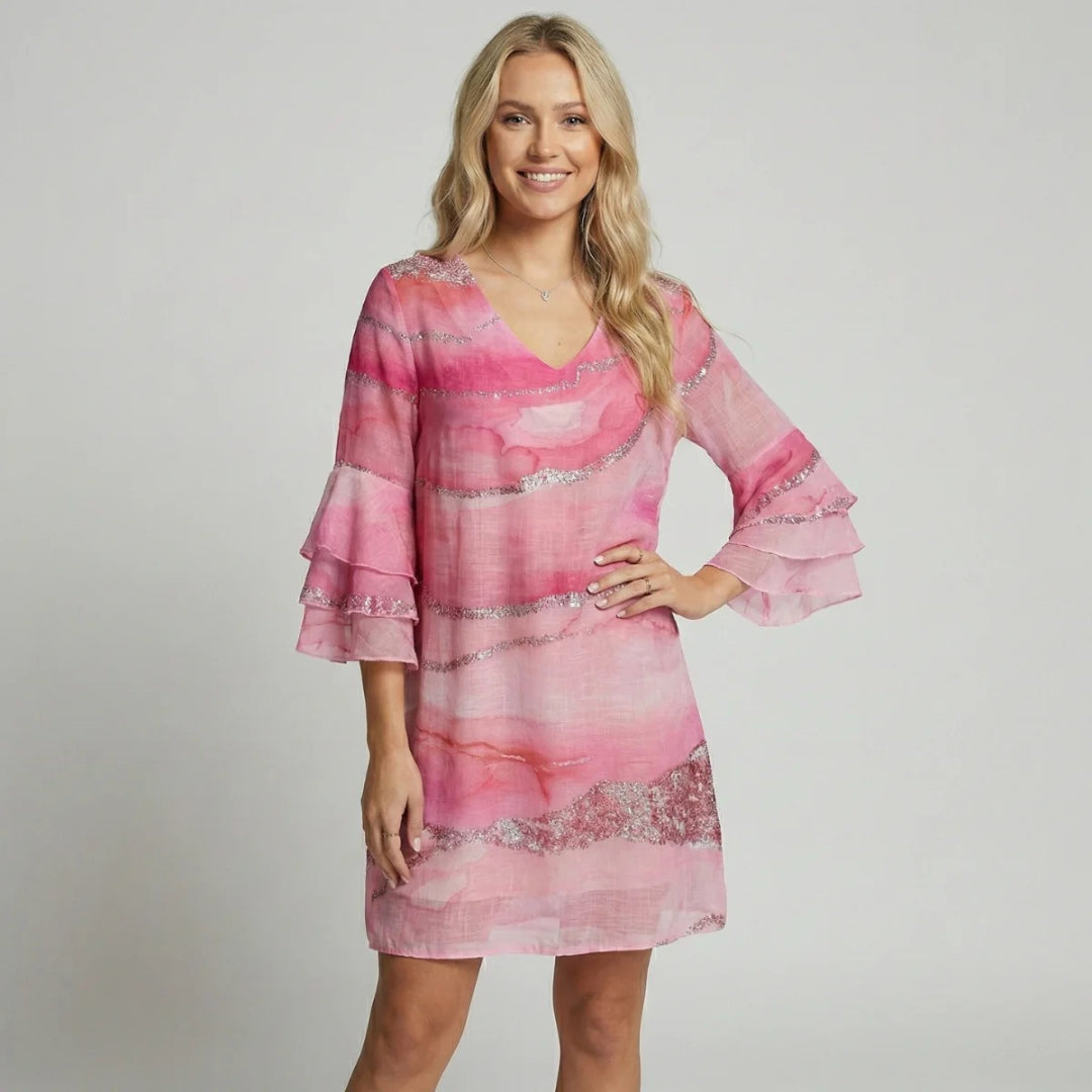 Printed mini dress with V-neck and ruffled sleeves