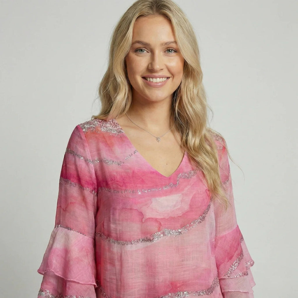 Printed mini dress with V-neck and ruffled sleeves
