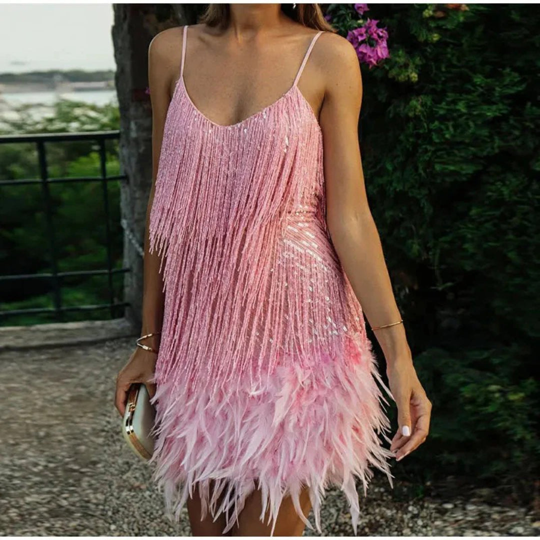 Mini dress with fringes and feathers