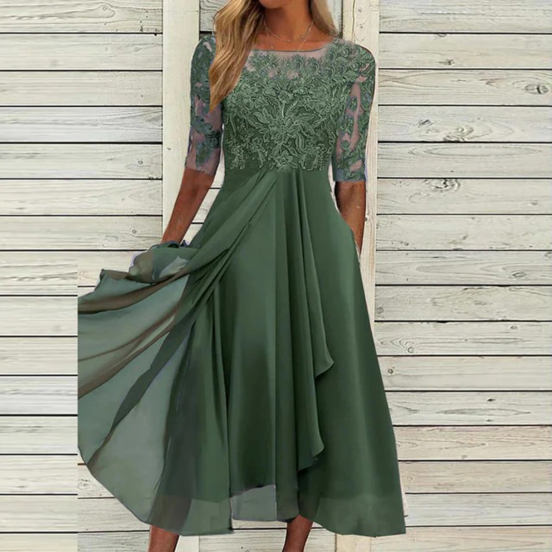 Midi dress with lace corset and semi-transparent sleeves