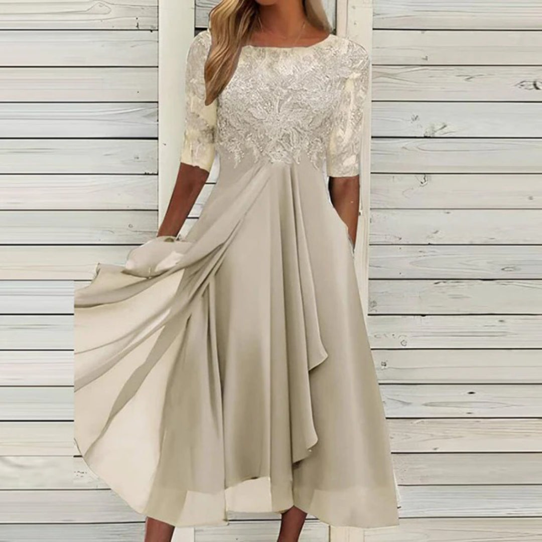 Midi dress with lace corset and semi-transparent sleeves