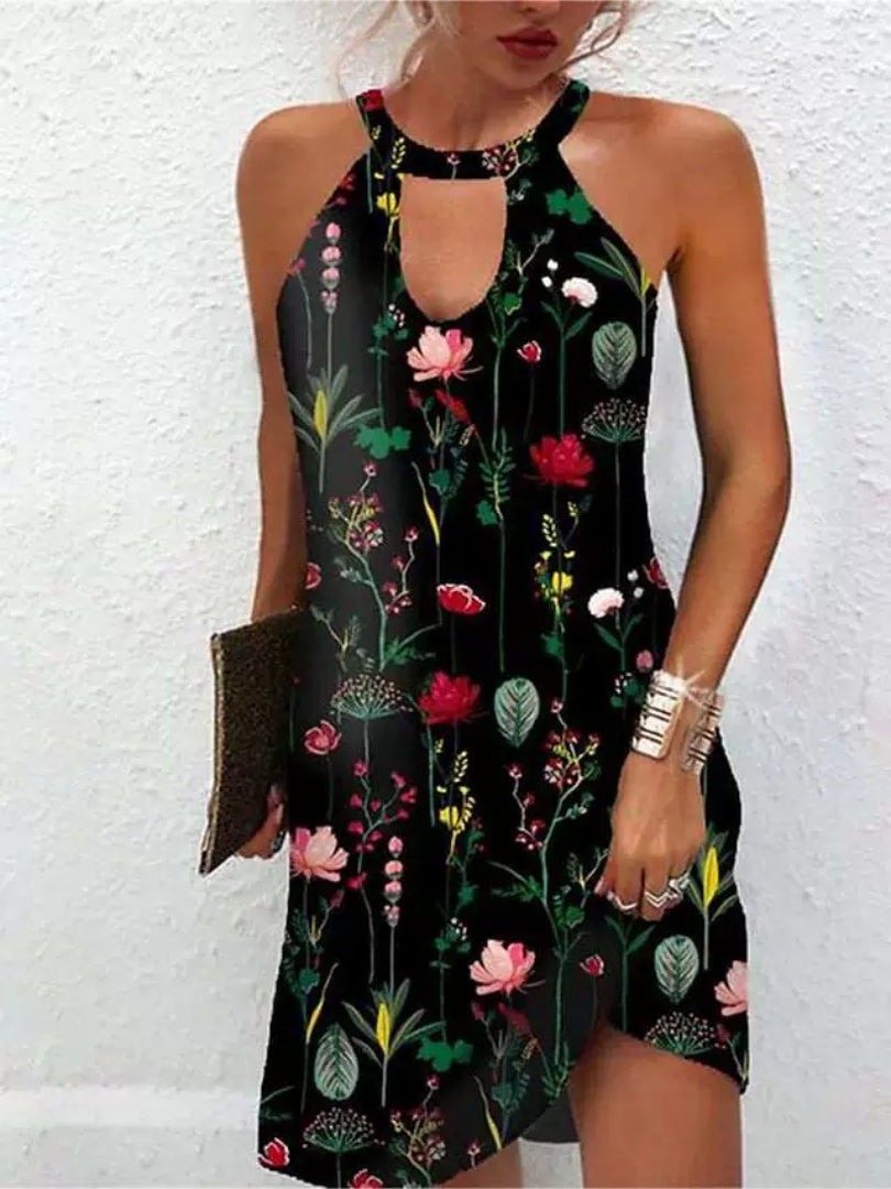 Sleeveless mini dress with halter neckline