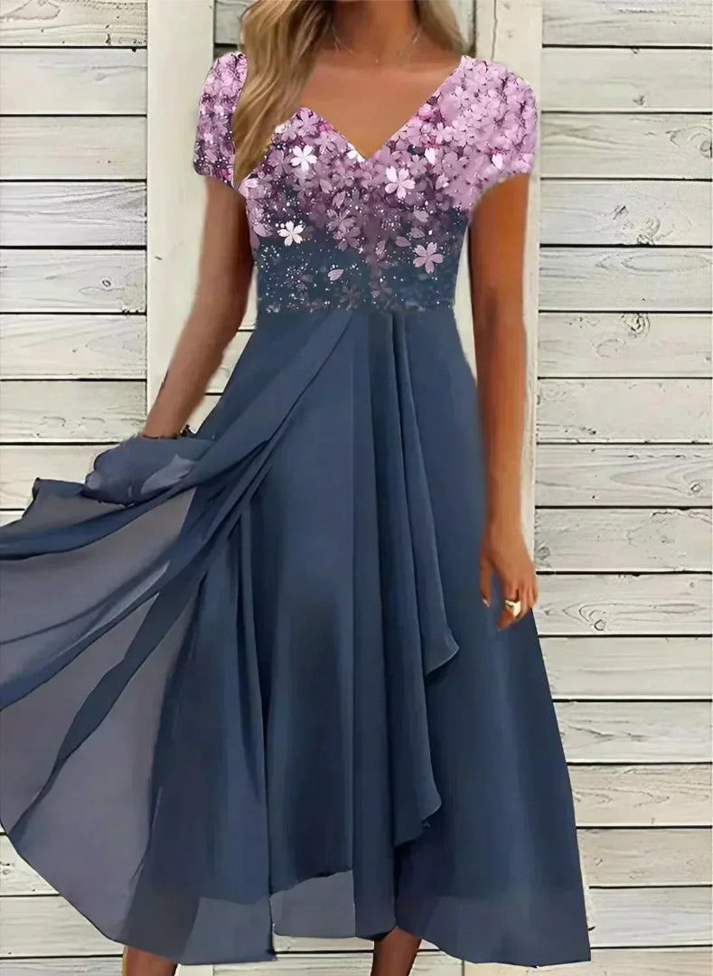 Chiffon midi dress with floral print and V-neckline