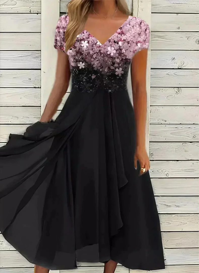 Chiffon midi dress with floral print and V-neckline