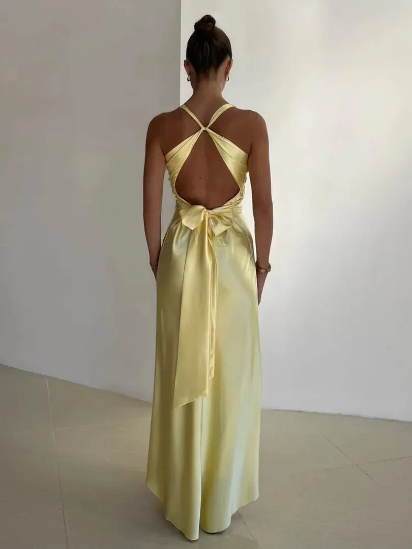 Long Sleeveless A-line Dress with V-neckline