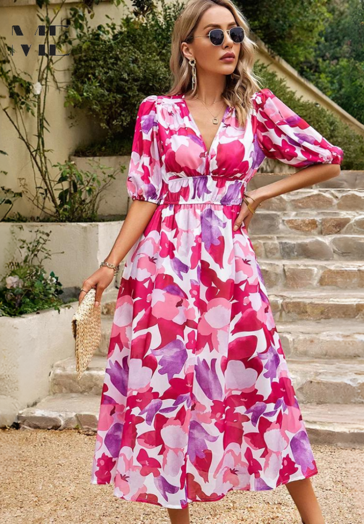 Floral midi dress with V-neckline and puff sleeves