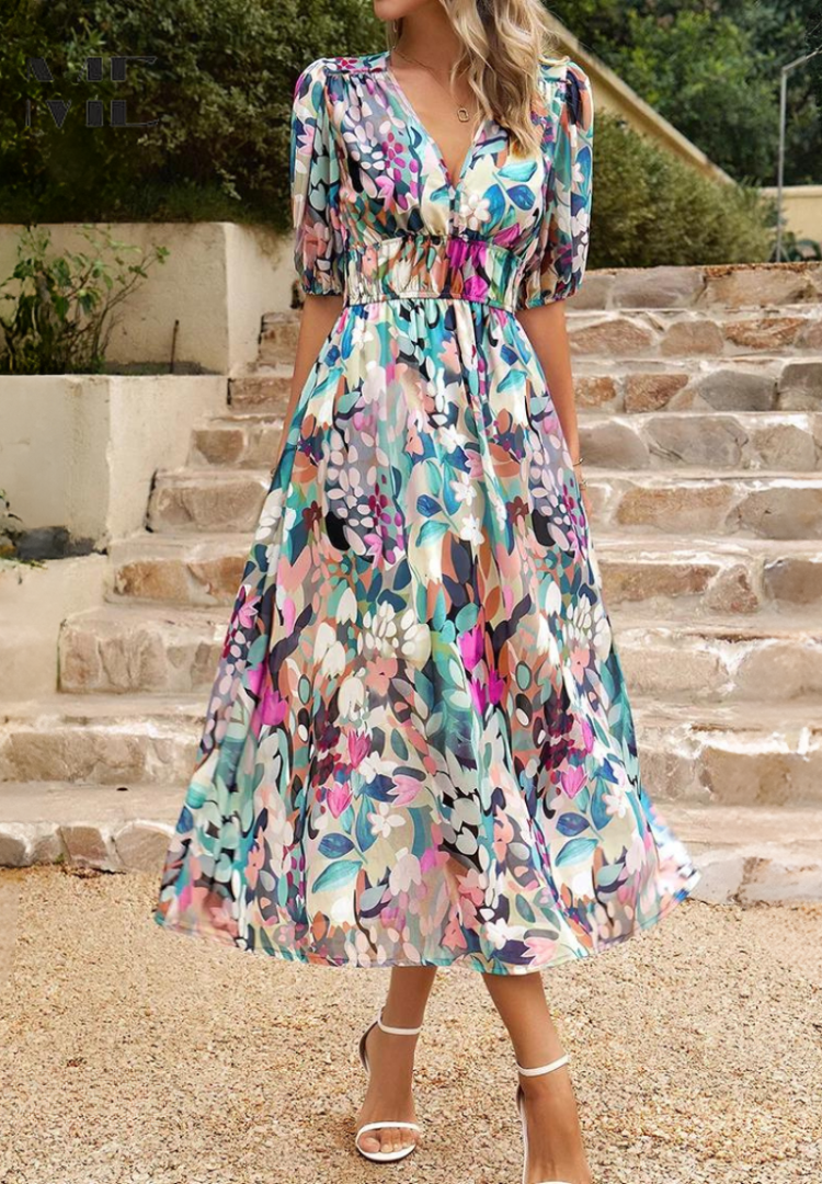 Floral midi dress with V-neckline and puff sleeves