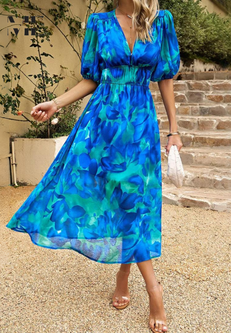 Floral midi dress with V-neckline and puff sleeves