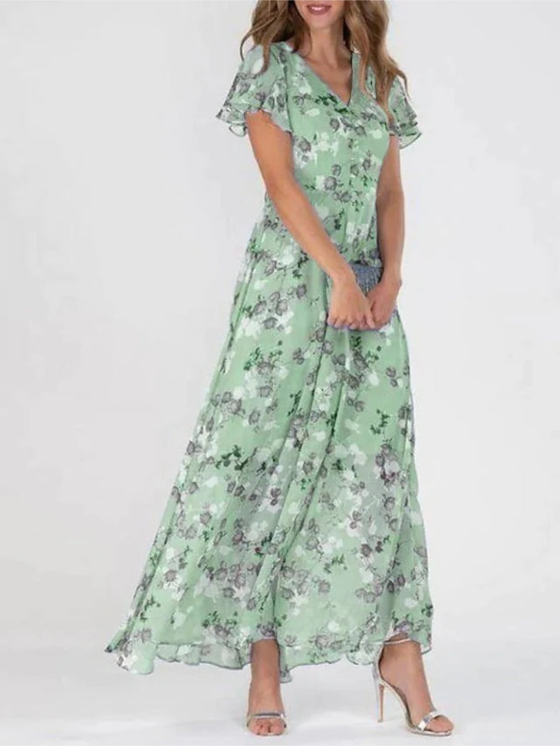 Maxi dress with floral print, V-neckline, and ruffled sleeves