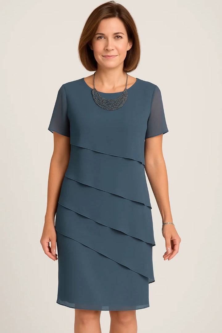 Chiffon pencil dress with layers and short sleeves