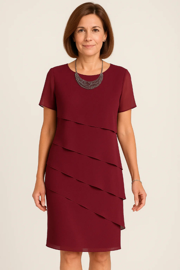 Chiffon pencil dress with layers and short sleeves