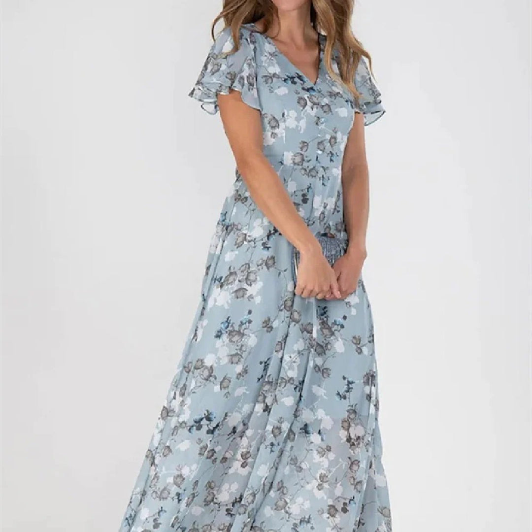 Maxi dress with floral print, V-neckline, and ruffled sleeves