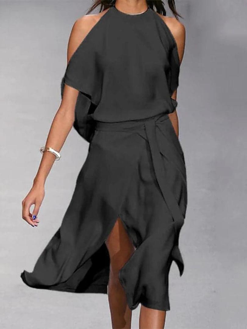 Midi Dress with Off-shoulder and Halter Neckline