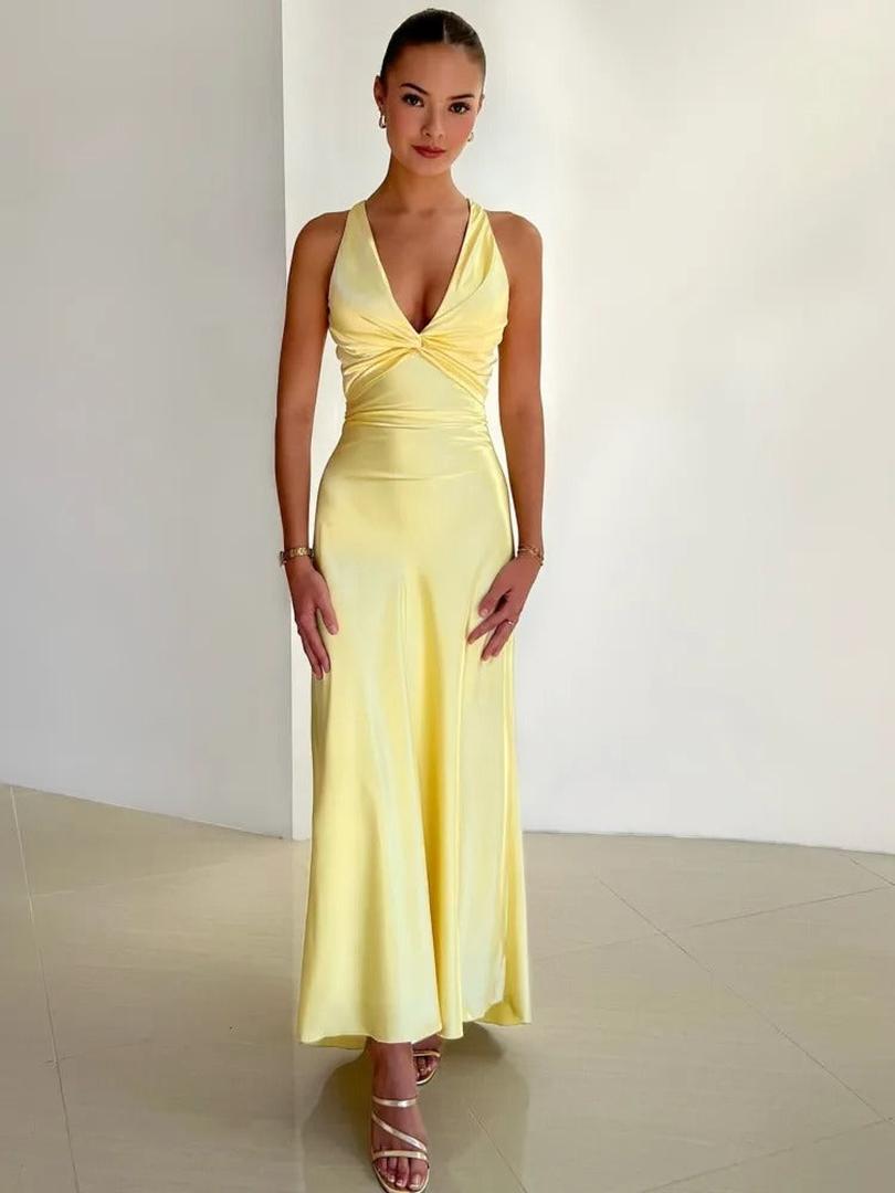 Long Sleeveless A-line Dress with V-neckline
