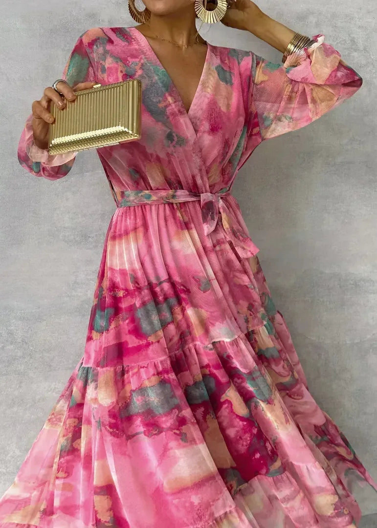 Long wrap dress with floral print and V-neckline