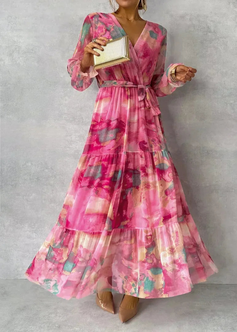 Long wrap dress with floral print and V-neckline