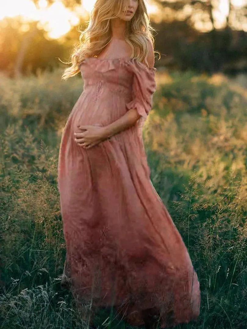 Maxi maternity dress with off-the-shoulder design