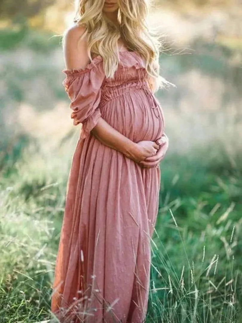 Maxi maternity dress with off-the-shoulder design