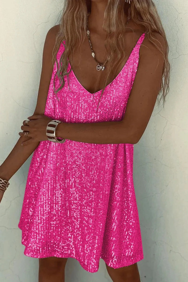 Sleeveless party mini dress with sequins and V-neck