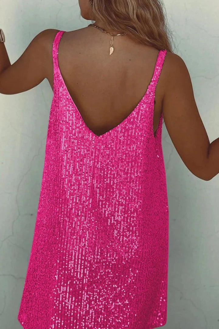 Sleeveless party mini dress with sequins and V-neck