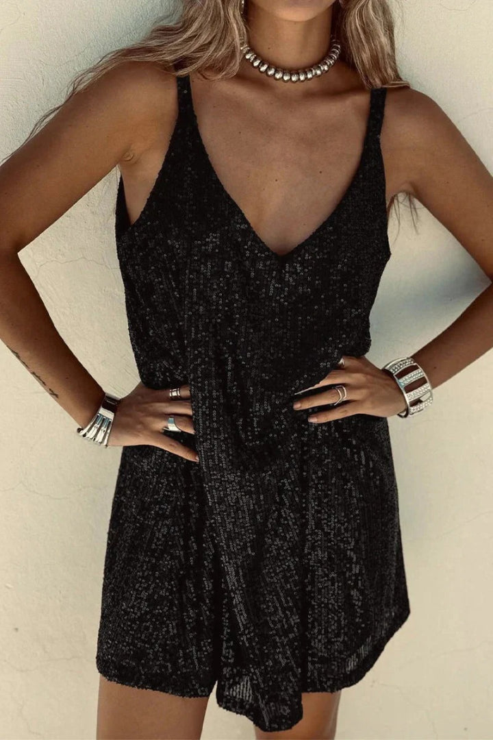 Sleeveless party mini dress with sequins and V-neck