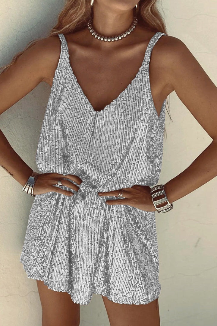 Sleeveless party mini dress with sequins and V-neck